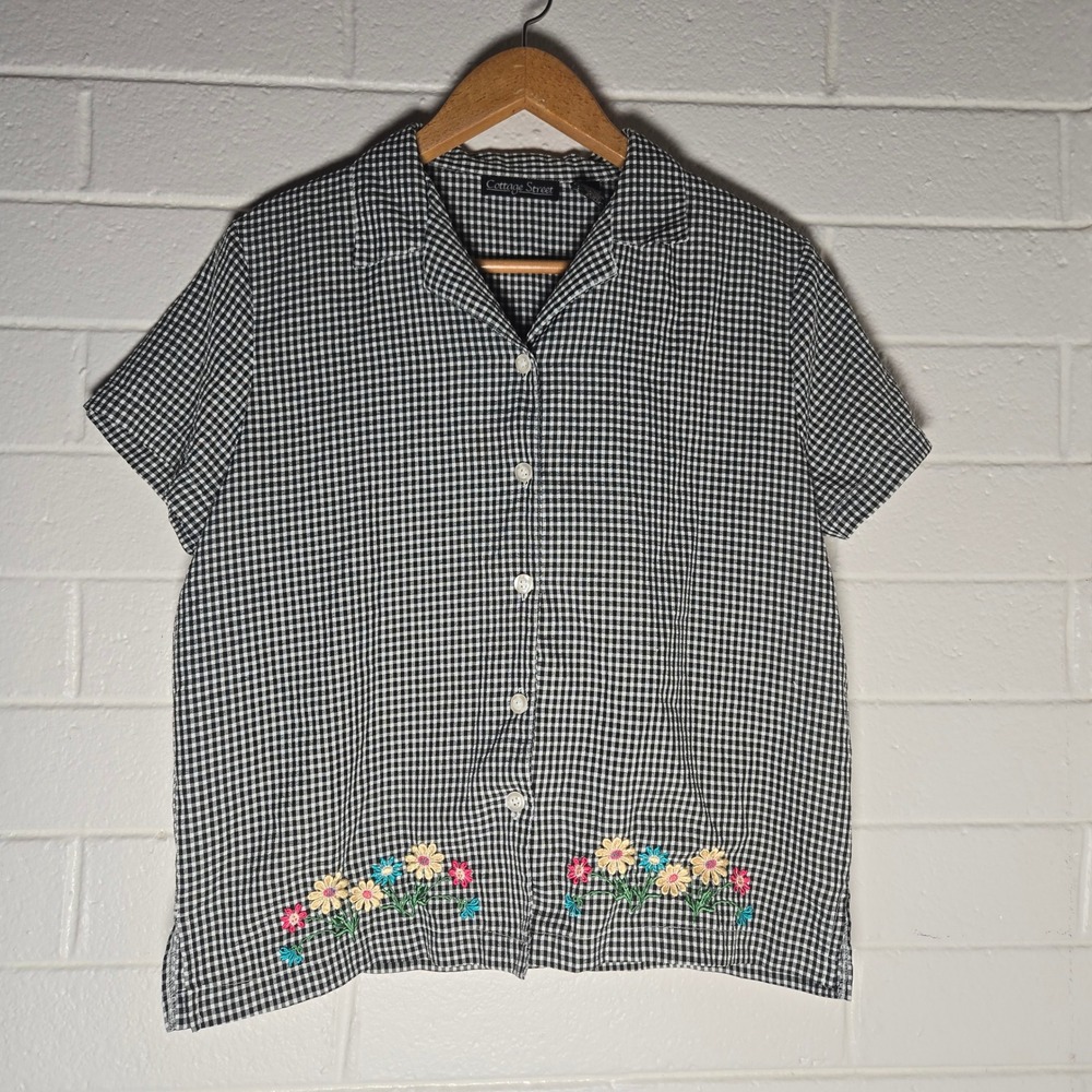 Vtg Cottage Womens Button Shirt Gingham Embroidered Floral Picnic CottagecoreL